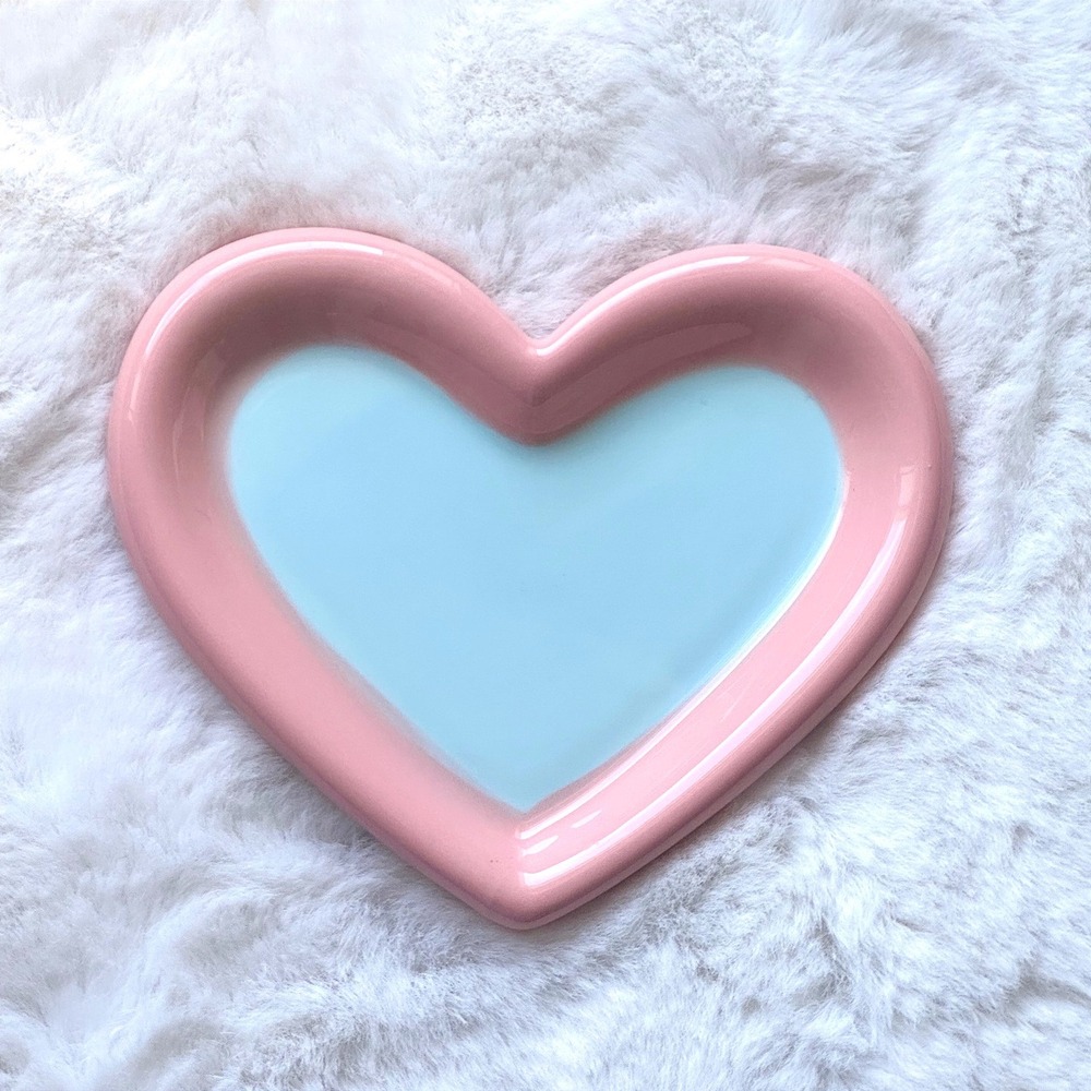 New Small Heart Shaped Ceramic Cat Plate Pink Blue Whisker Fatigue Relief‎ Dish